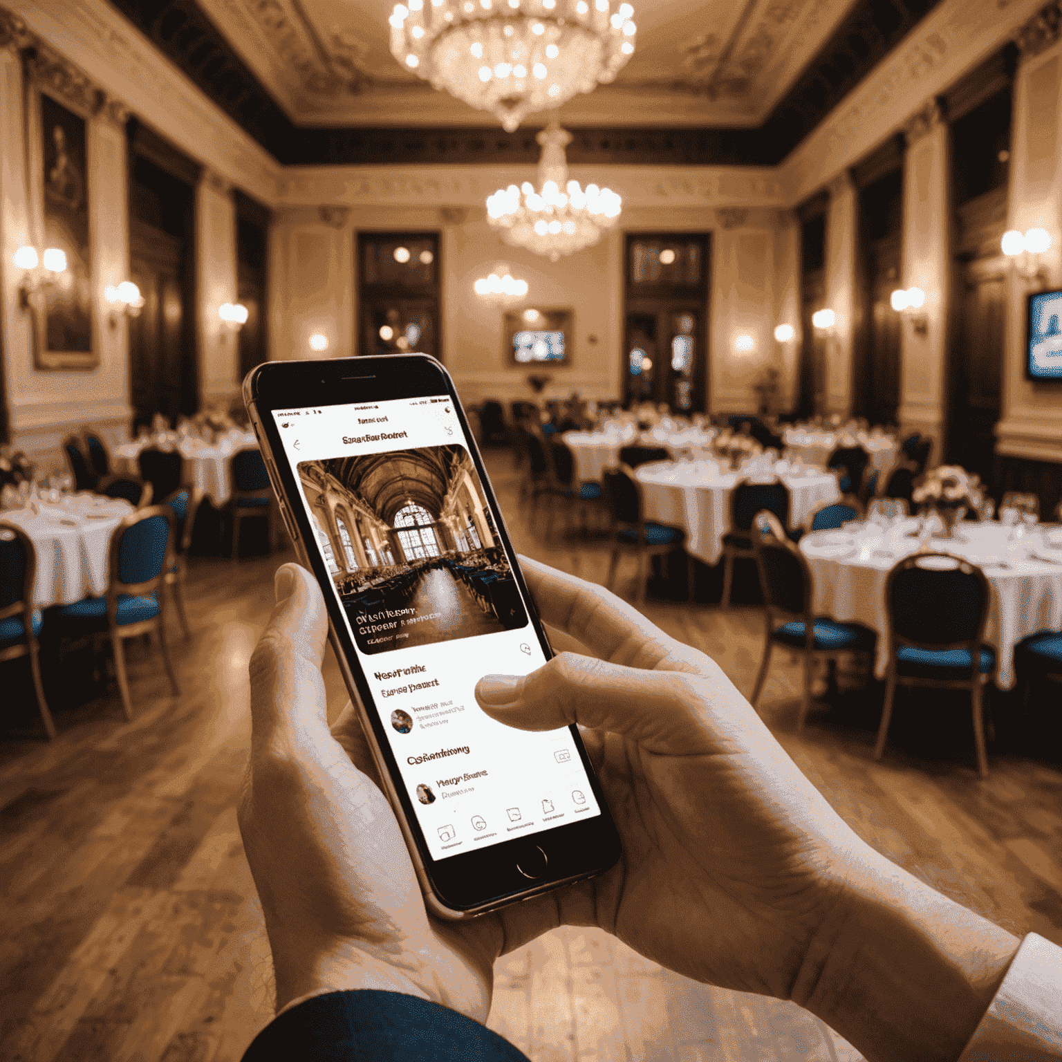 スマートフォンでイベントプランニングアプリを使用する人の手。背景にはイベント会場の様子が映っている。