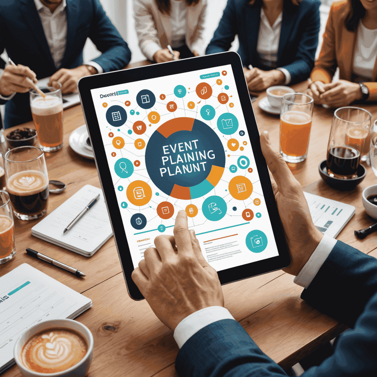 様々なイベントプランニングアプリとツールのアイコンが並んだタブレット画面。背景にはイベントの成功を祝う人々。
